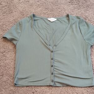 Pink Rose Sage Green Ribbed Button-Front V-Neck Top